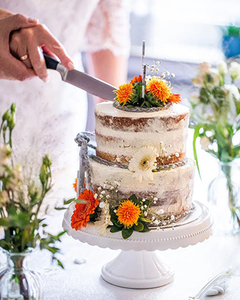 Hochzeitspaar schneidet eine Hochzeitstorte an